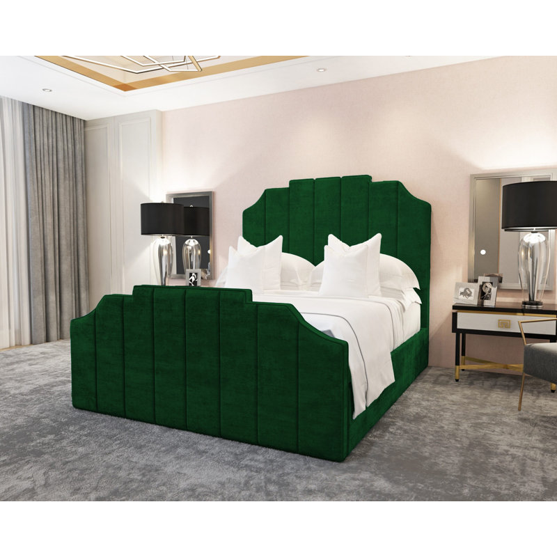 Annalei Regal Velvet Upholstered Bed Frame - Shaped Headboard, Chrome Feet, Double (4'6), Green