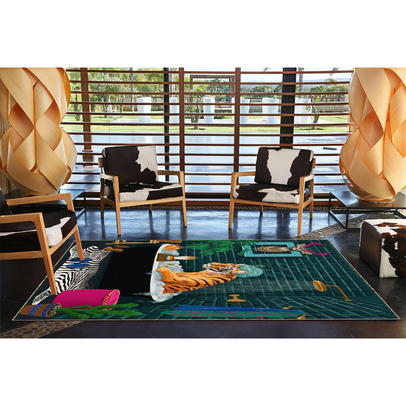 Tapis décoratif multicolore à motif de baignoire, de tigre et de cerf, Rectangle 4 pi 7,12 po x 6 pi 6,74 po