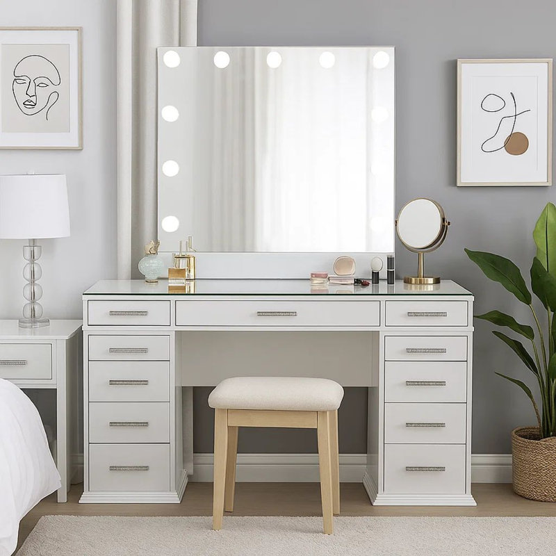 Vaz 3Pc LED Mirror Vanity Table Set, Glass Top, Padded Stool, Gray/Clear/Luminous White