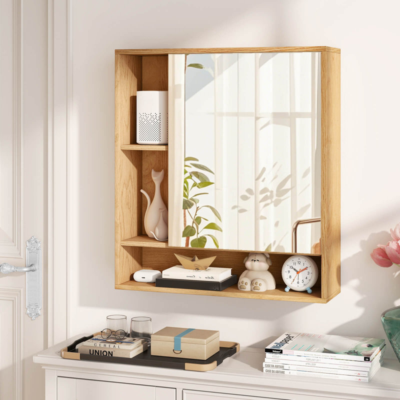 Armoire murale de salle de bain avec miroir, porte simple, 3 tablettes ouvertes et tablette réglable naturelle, Beige