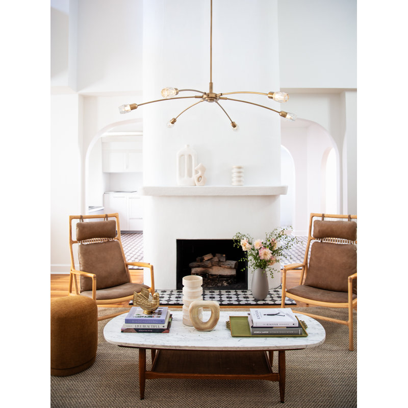 Atera 6 - Light Steel Dimmable Sputnik Modern Linear Chandelier, 9.5" H x 45" W x 45" D, Heritage Brass