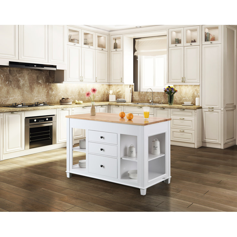 Casen 53.9 " W Kitchen Island with Birch Solid Wood Top, White