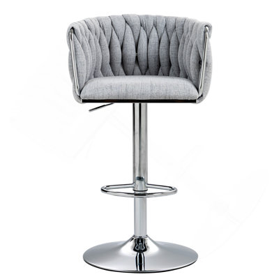 360° Fabric Cover Swivel Bar Stools Set Of 2, Adjustable Counter Height Bar Chairs With Woven Back & Footrest,Silver Chromed  Bar Stools For Kitchen Island, Cafe, Pub