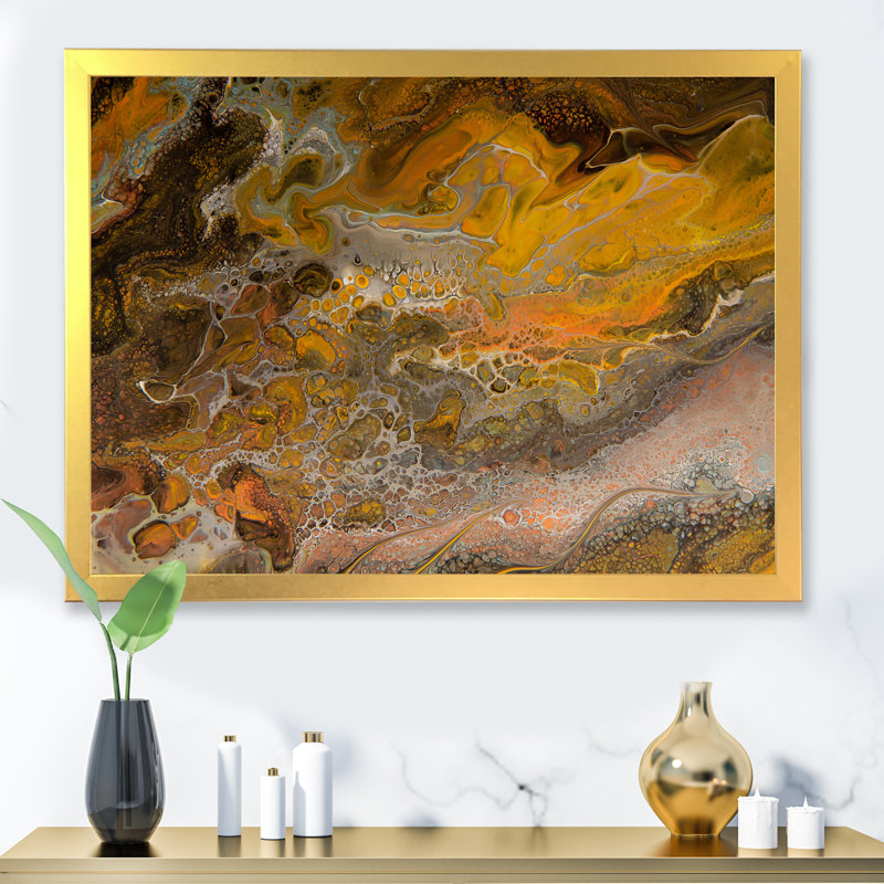 Orange, noir et marbre gris - peinture sur toile, H 12 po x l 20 po x P 1 po, Cadre doré