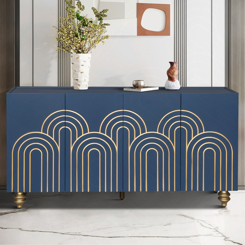Buffet Buffet moderne cannelé avec rangement, élément incurvé avec lignes strictes, armoire de rangement à 4 portes avec tablettes réglables