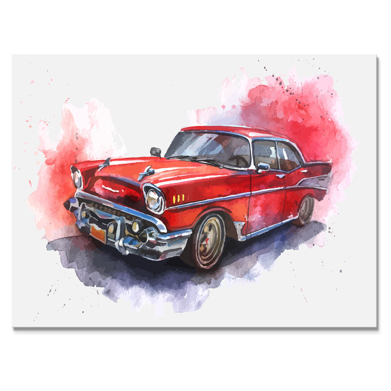 Voiture rouge à l'ancienne - peinture sur toile, H 34 po x l 44 po x P 1,5 po, Toile tendue