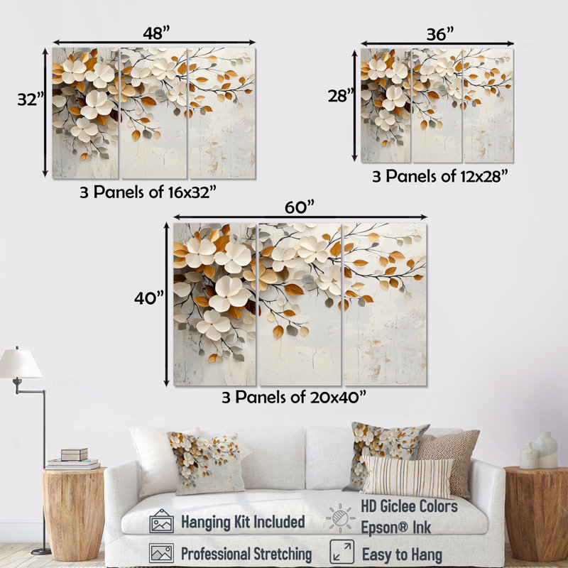 Fleurs de cerisier blanc orange et botanique II - ensemble d'art mural fleurs de cerisier, H 28 po x l 36 po x P 1 po