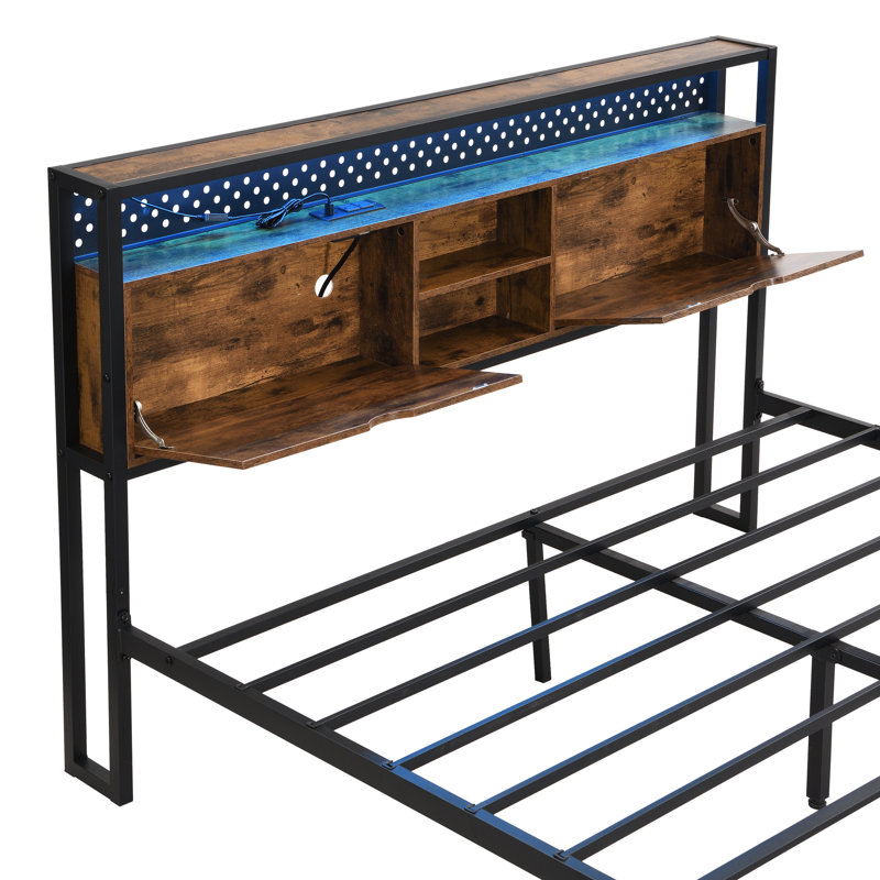 Metal Platform King Size Bed, Wooden Headboard With Charging Function, 2 Drawers, Led Lights, No Box Spring, Easy Assembly, 89 Lb Package Weight Bed Frame Headboard, Charging, Uncomplicated Setup