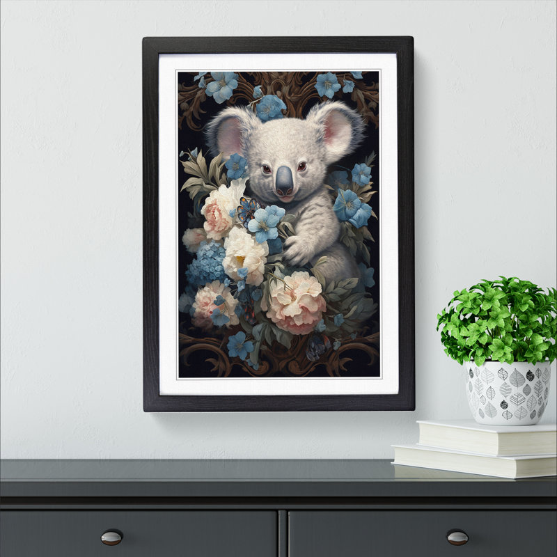 Koala Bear Baroque - Single Picture Frame Print on Wood, Black , 34cm H x 25cm W x 2cm D