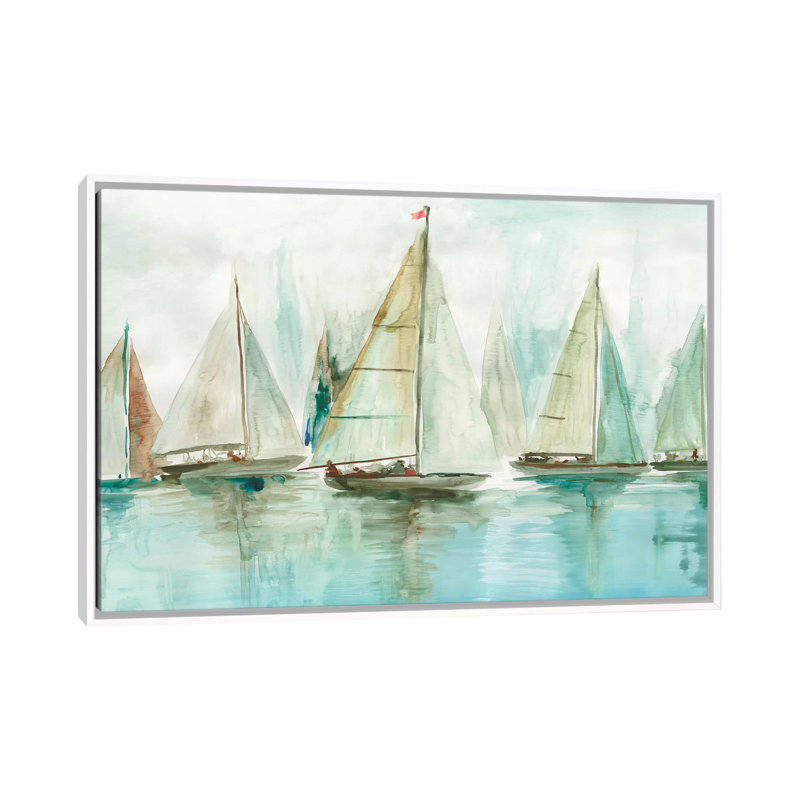 "Blue voiliers I" par Allison Pearce, reproduction d’art, Pas de tapis, H 26 po x l 40 po x P 1,5 po, Toile blanche encadrée