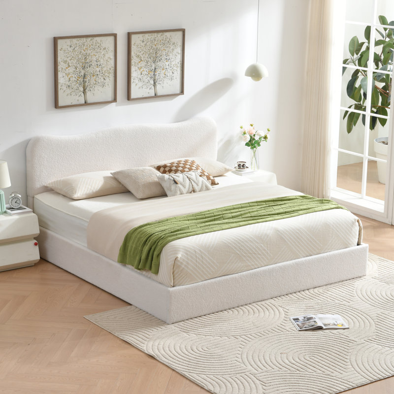 Lit plateforme tapissier Bensu Boucle, Très grand, Blanc