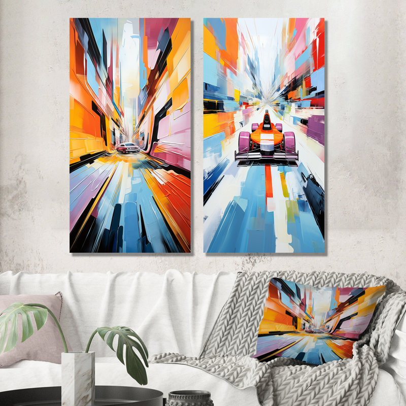 Coloré cubisme 24 heures Le Man Race Track I - ensemble de 2 impressions sur toile, Toile tendue, H 32 po x l 33 po