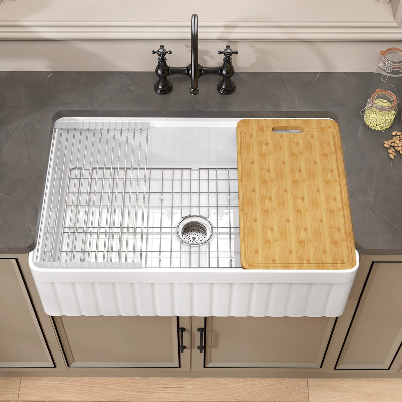 33" White Fireclay Farmhouse Apron-Front Kitchen Sink with Accessories