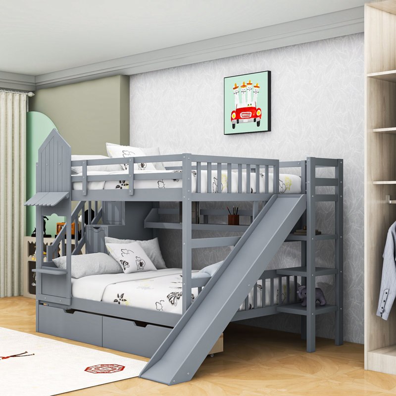 Illan 2 Drawer Bunk Bed with Shelves by SATING, Full Over Full, Gray