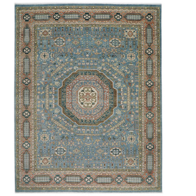Tapis traditionnel en laine noué à la main bleu 12 pi 1 po x 15 pi 2 po Oushak