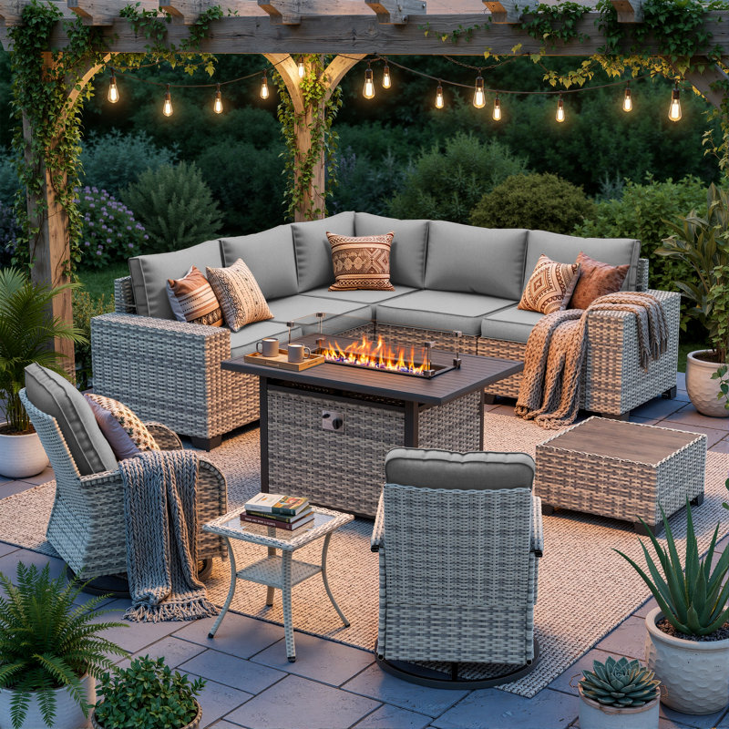 10-Piece Outdoor Patio Sectional Conversation Set With Fire Pit Table And Swivel Rocker Chairs, Gray