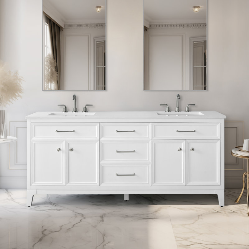 Meuble-lavabo double 72 po Tiosha en blanc avec plateau en pierre reconstituée