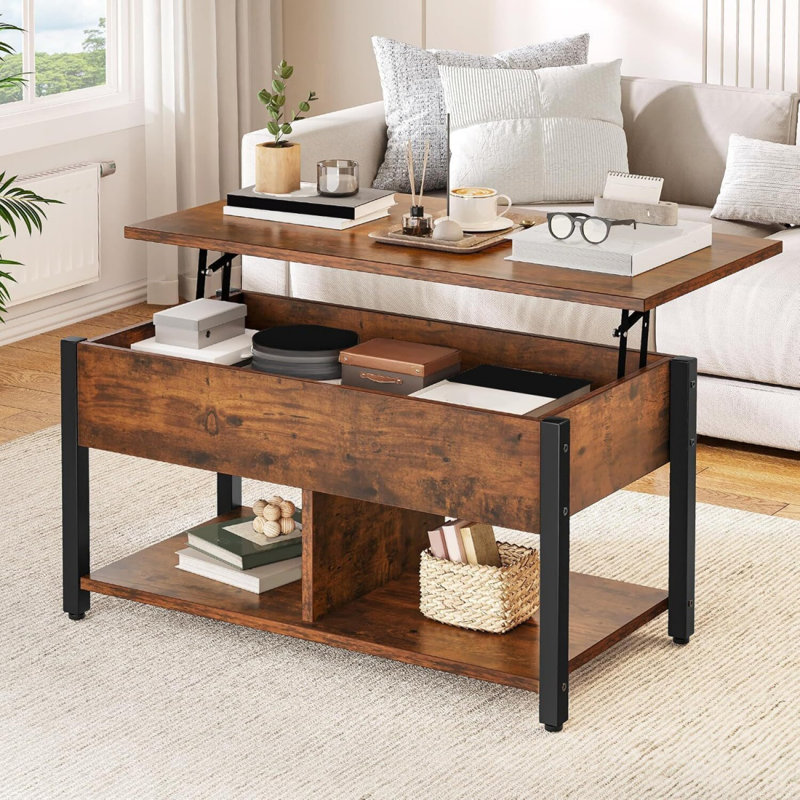 Table basse à plateau relevable, tables basses avec grand rangement caché en bois, table basse relevable pour salon, bureau, brun rustique