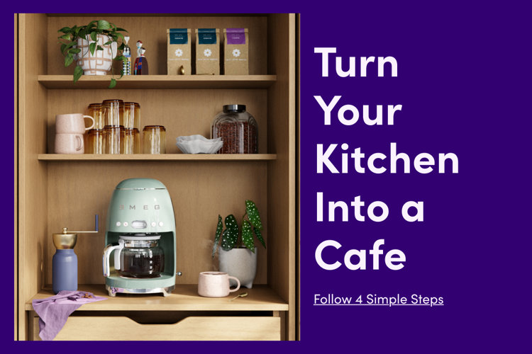 coffee bar with a retro-inspired coffee maker, purple coffee grinder, and stacks of stylish drinkware, text overlay reading “turn your kitchen into a cafe: follow 4 simple steps”