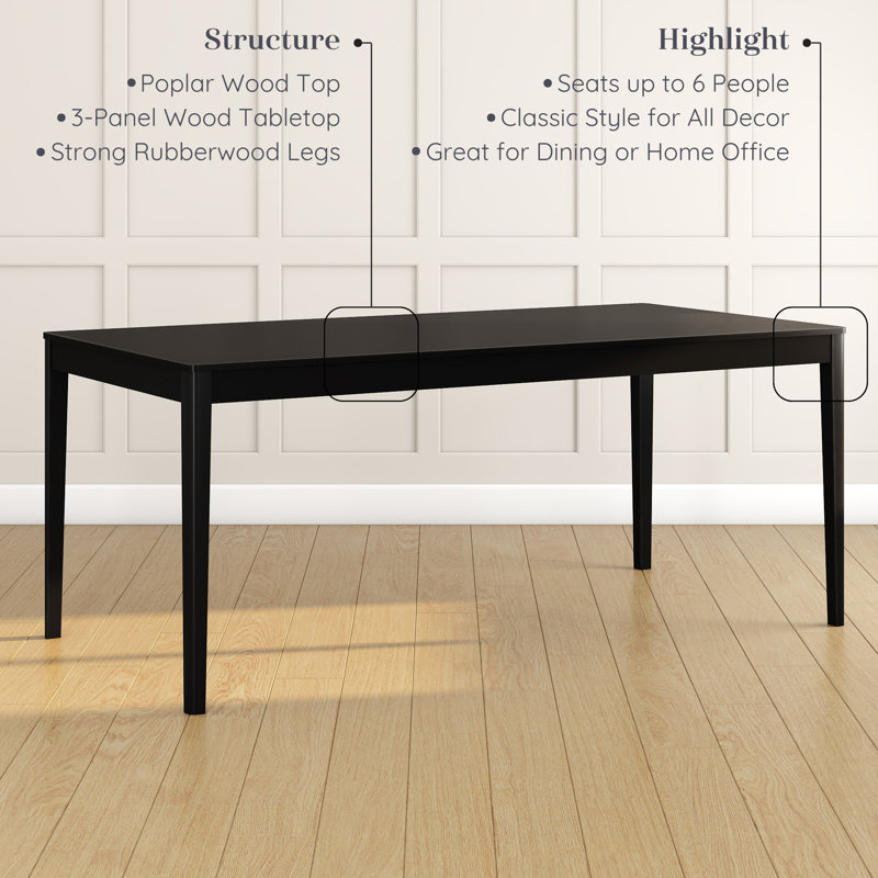 Crew 72" Rectangle Dining Table For Small Spaces, Seats 6, Black, 30"H x 72"L x 29.5"W