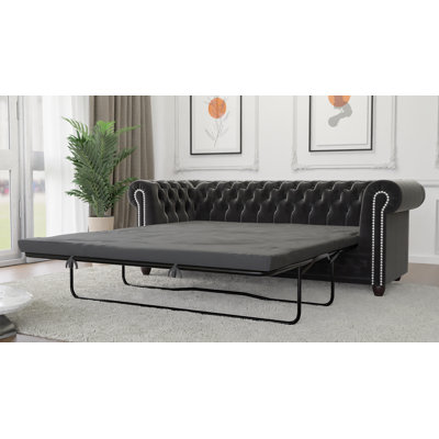 Chesterfield Hanna 3 Seater Sofa with Sleeping Function Made of Velvet Fabric with Solid Wood Legs