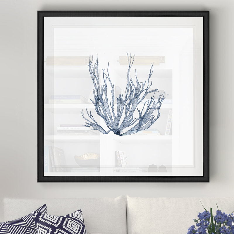 " Navy Seaweed IV ", 17.5" H x 17.5" W x 1.5" D, Black Framed