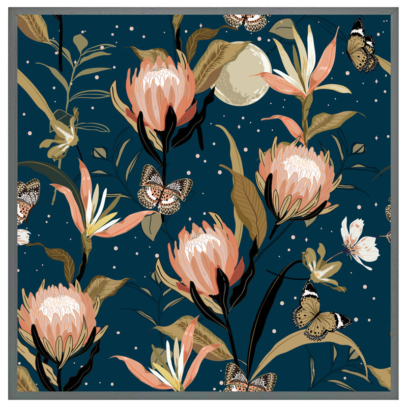 Norphlet The Moon, Butterflies & Flowers 1 Piece Single Picture Frame Wall Art, 61cm H x 61cm W x 4cm D, Grey Framed