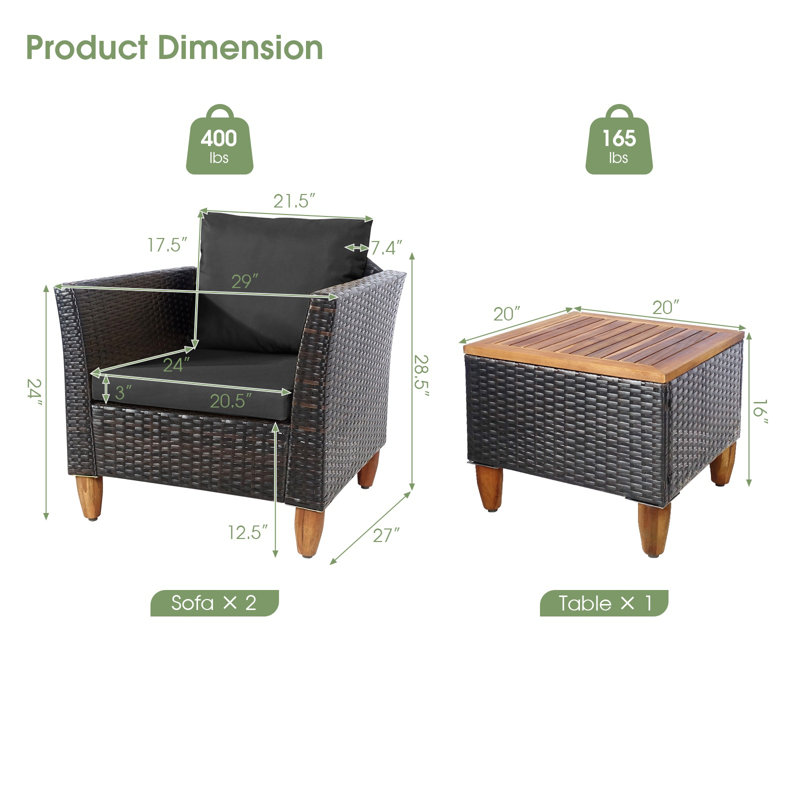 Bjana 2 - Person Acacia Patio Conversation Set with Cushions, Black, Dark Brown