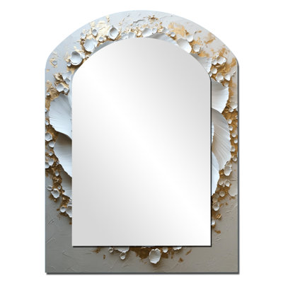White And Gold Rose In Vortex Love IV - Abstract Spirals Asymmetrical Mirror, White Arch Unique Wall Mirror, Printed Metal Art