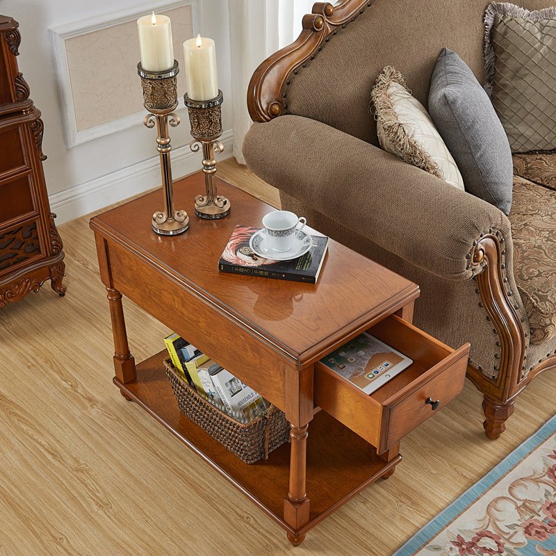End Table with Drawer and Shelf for Small Spaces, Solid Wood Side Table for Living Room