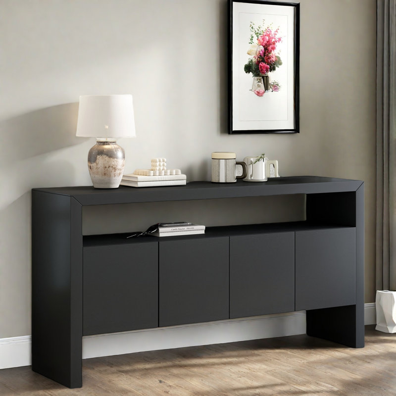 Console moderne à 4 portes avec tablette ouverte et grain de bois naturel, Noir
