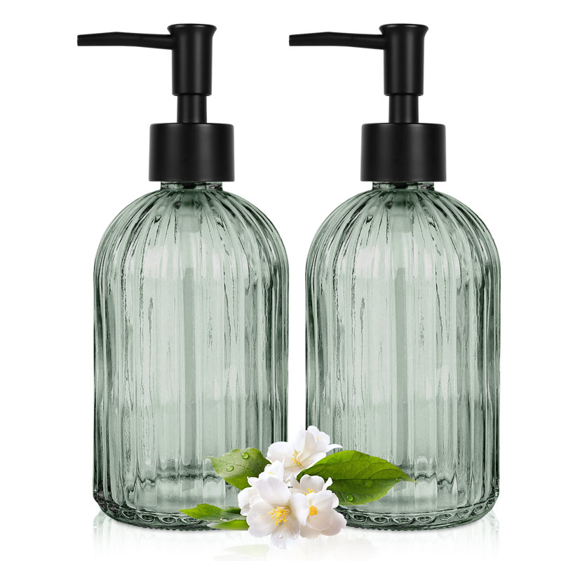 2 Pack Glass Soap Dispenser with Plastic Pump, 400ml Liquid Hand Soap Dispenser, Rustproof Pump for Kitchen & Bathroom, Great for Lotions, Essential Oil, Liquid Soaps,Army Green