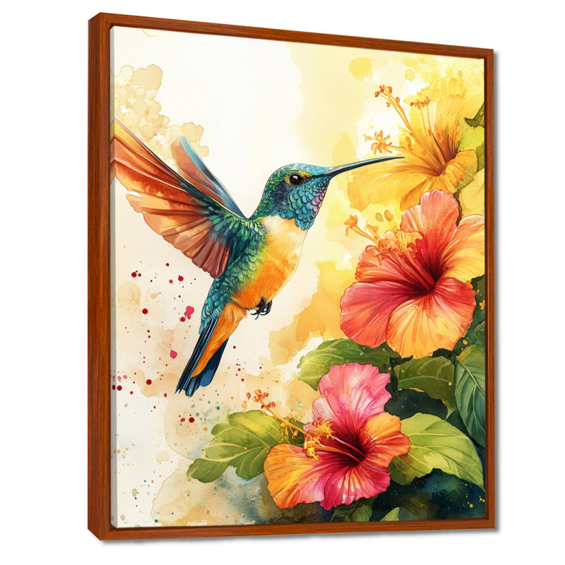 Art mural colibri, décor de toile d'hibiscus, Dicleville, H 44 po x l 34 po, Cadre flottant brun
