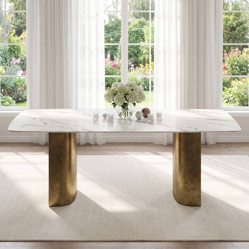 78" Rectangular Sintered Stone Dining Table, White Top with Brushed Antique Base