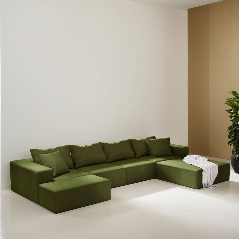 132" Wide Modular L-Shaped Sleeper Sectional Sofa Bed, Green Chenille