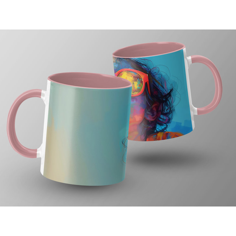 Kids Drawing Style 11oz Accent Mugs – Ceramic Coffee Cup with a Pink Handle and Interior