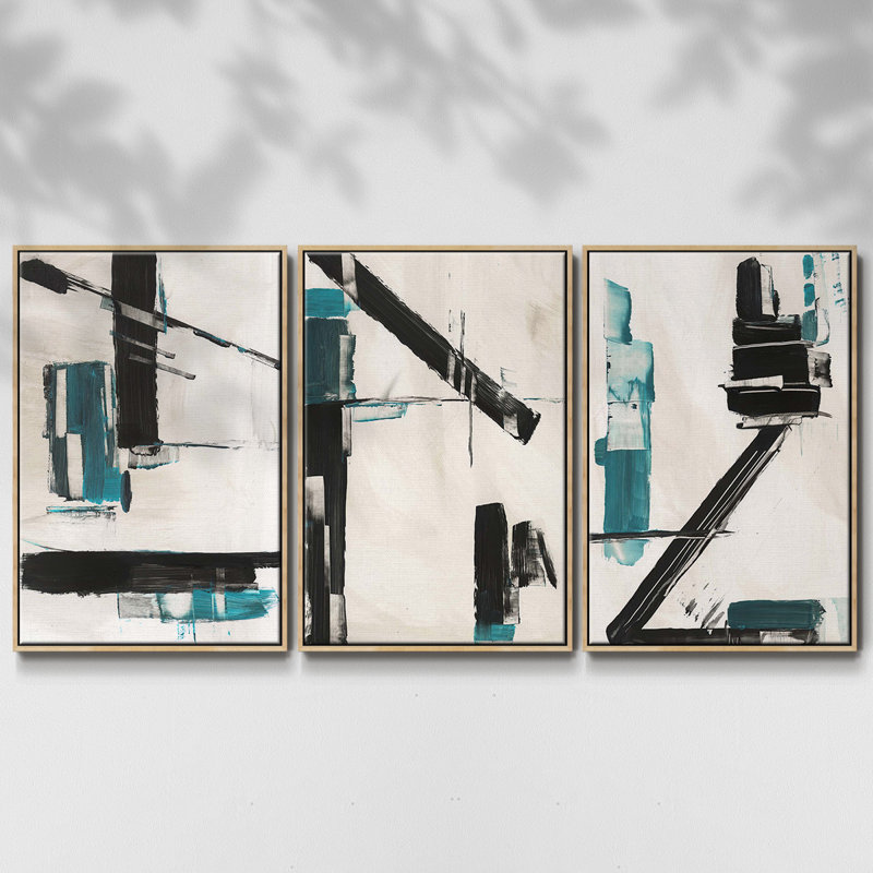 Ensemble de 3 pièces encadrées sur toile "Geometric Notes II", Bois naturel, H 36 po x l 72 po