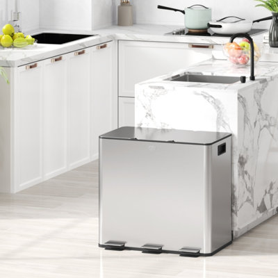 3 Compartment 45 Liter Stainless Steel Pedal Waste and Recycling Bin with Soft Close Lids and Removable Inner Buckets for Kitchen Use