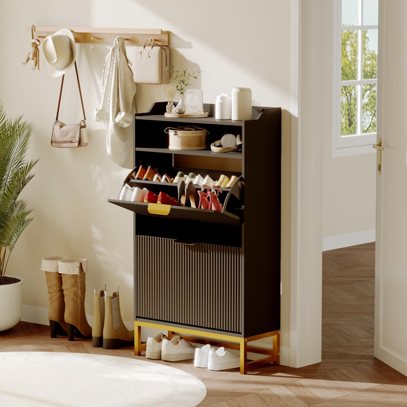 Narrow Fluted Shoe Cabinet with 2 Flip Drawers and Open Shelf, Modern Slim Shoe Storage for Entryway, Black