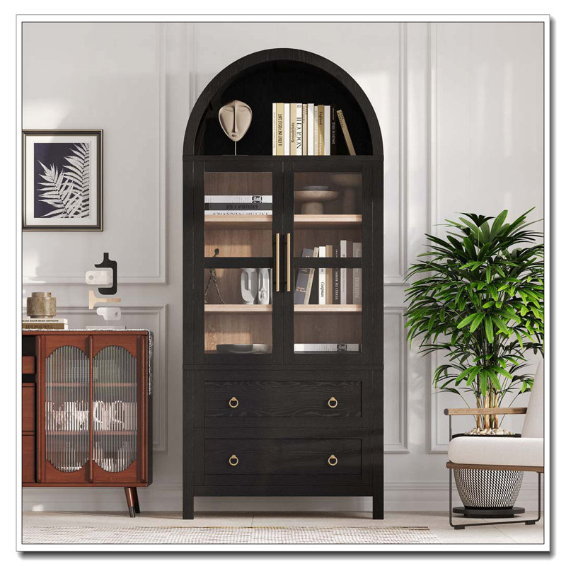 71″ Tall Arched Kitchen Pantry Cabinet with Glass Doors and Drawers, Black