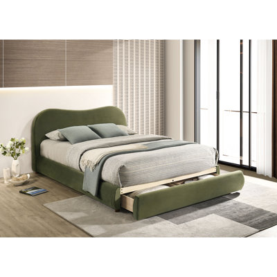 Cadre de lit grand format avec velours olive, design incurvé, bois d'ingénierie et bois massif, structure de lit moderne, meubles