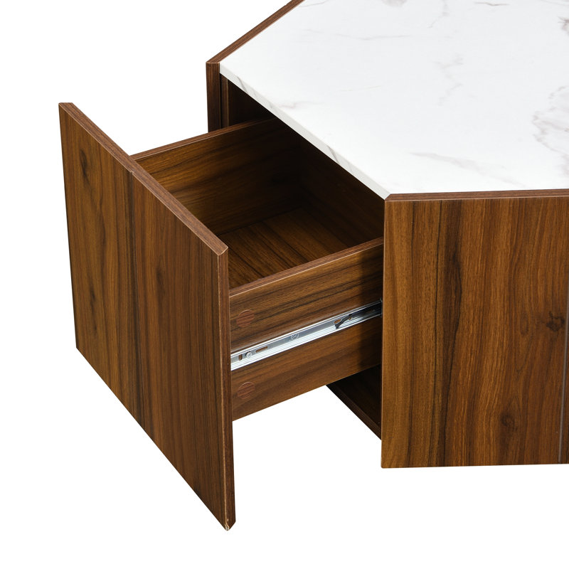 Table basse hexagonale rustique rétro en bois, avec 2 tiroirs cachés, dessus en marbre texturé - pour le salon et la réception