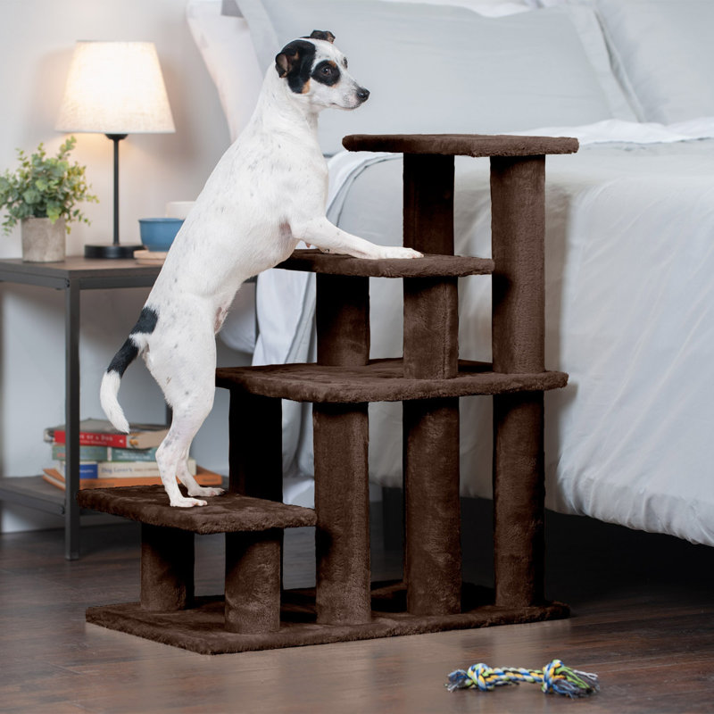 Brown Plush 4-Step Pet Stairs for Beds and Sofas