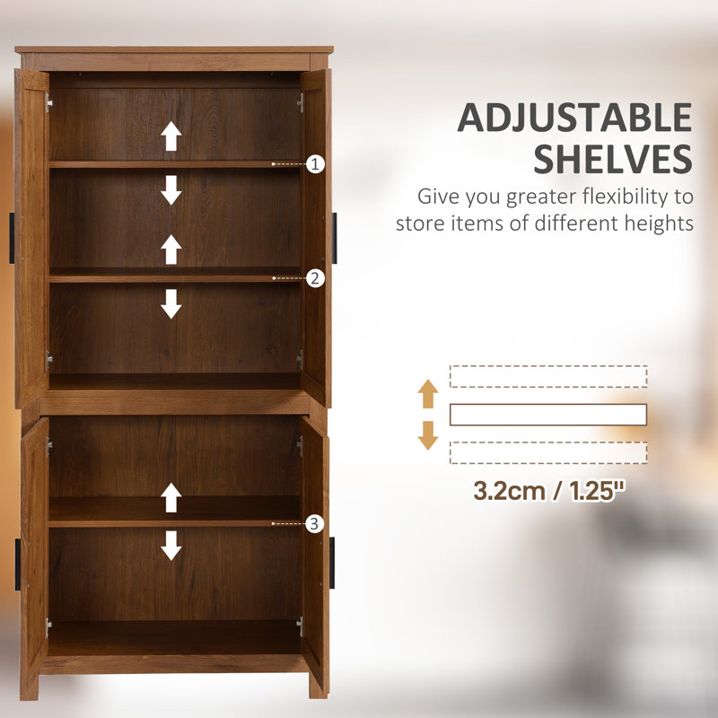 64" Kitchen Pantry Cabinet, Freestanding Storage Cabinet with 4 Doors and 3 Adjustable Shelves for Dining Room, Oak