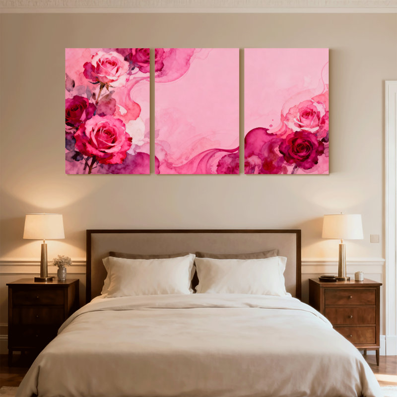 Plantes et fleurs roses roses, ensemble de 3 reproductions d'art sur toile, H 24 po x l 48 po
