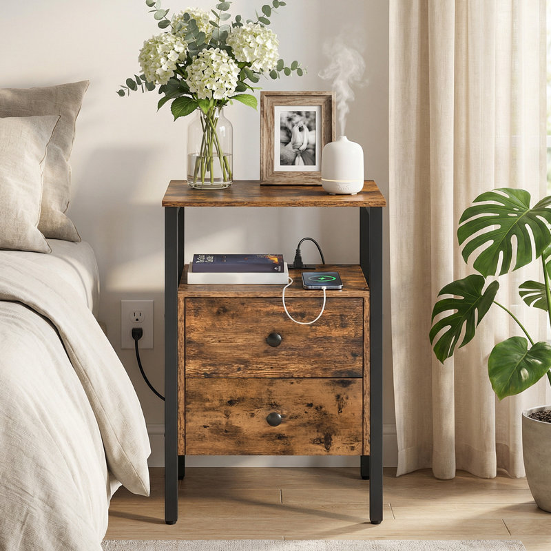 Pake 2 - Drawer 23.6" Tall Iron Nightstand with Storage and Built-In Outlets, Rustic Brown/Black, Individual