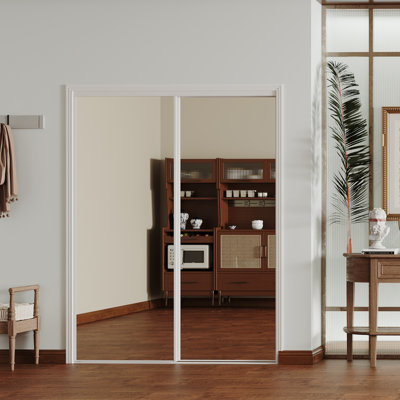 Sliding Door–Full Lite Mirror Glass Panel Design White MDF Closet Doors With Built-In Handles & Smooth Sliding Hardware