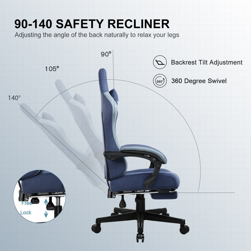 LUCKRACER GAMING CHAIR Adjustable Reclining Ergonomic Swiveling PC & Racing Game Chair with Footrest, Blue