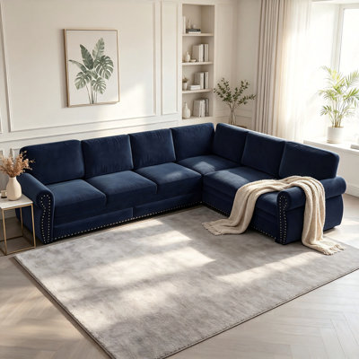 118" L-Shaped Nailhead Trim Rolled Arm Sleeper Sofa, 6-Seat Pull-Out Bed