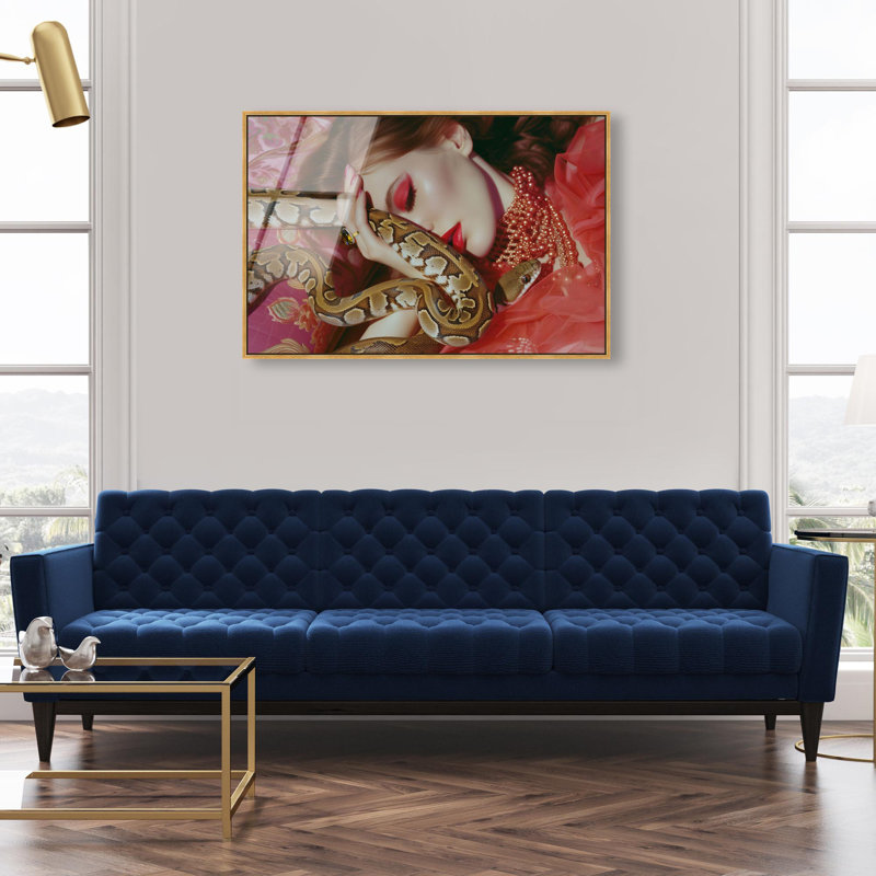 Oliver Gal Cleo and the Snake Fashion - Framed Acrylic Glass Wall Art, 20" H x 30" W, Gold